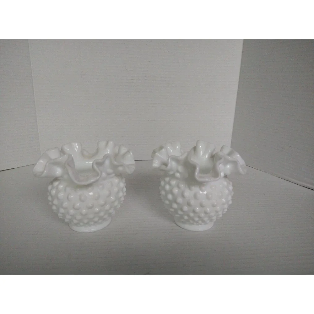 Set of 2 Fenton Milk Glass White Hobnail Ruffled Edge Small Bowl Vases Opaque